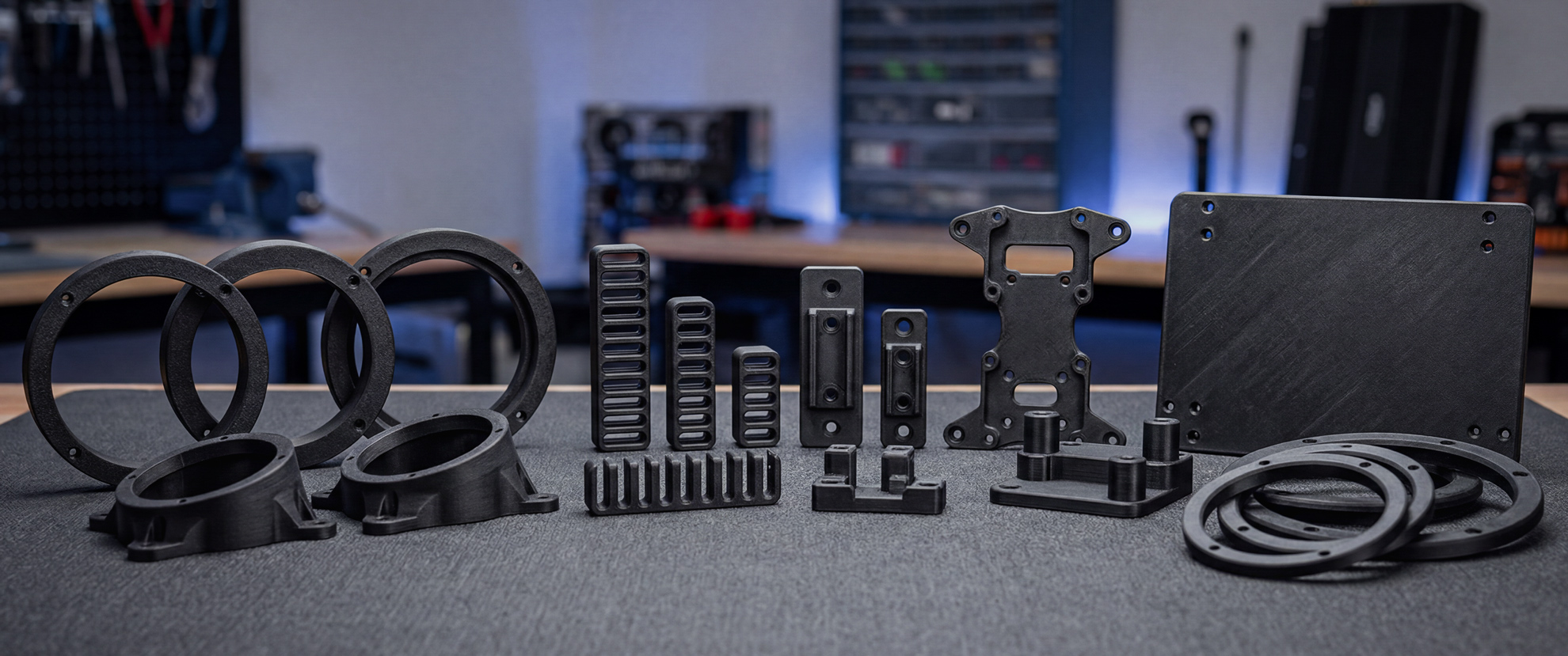 Concept visualization of 3D-printed automotive installation hardware and car audio prototype components arranged on a workbench.