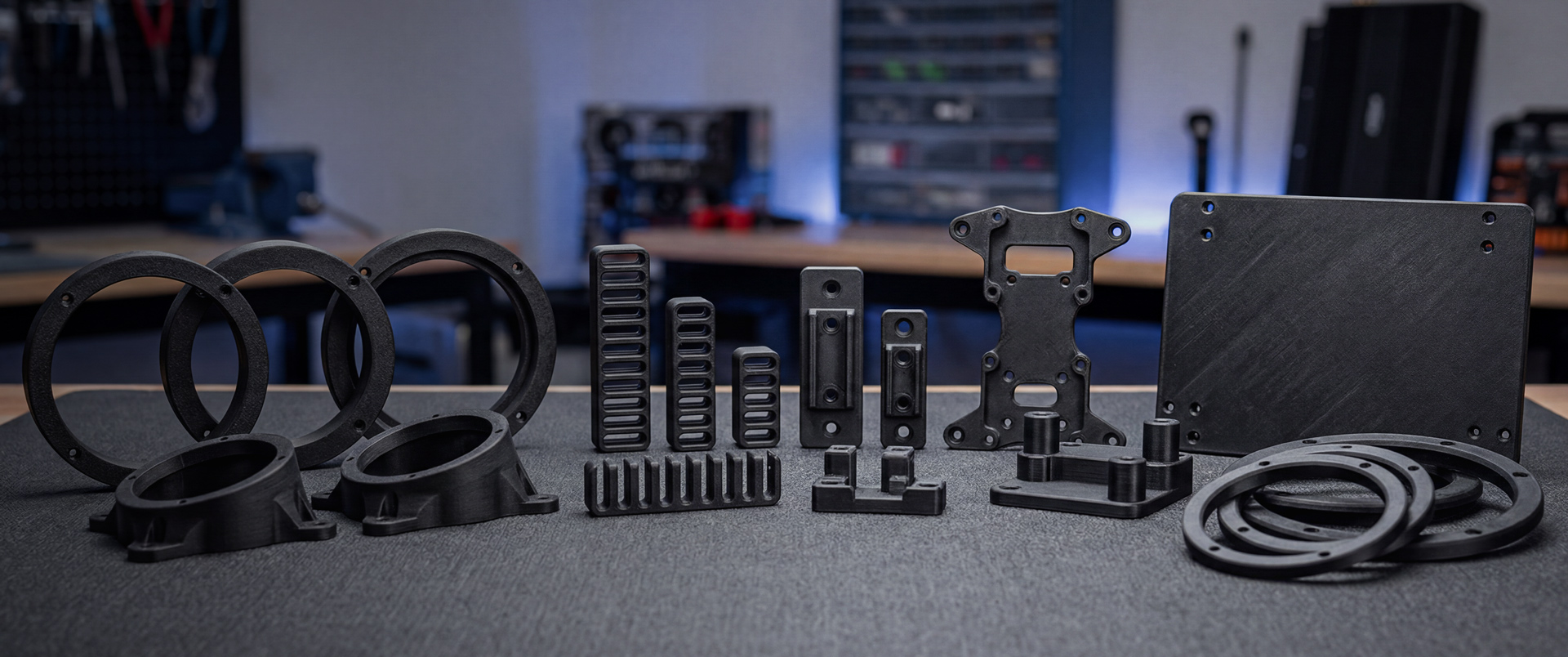 Concept visualization of planned automotive speaker fitment and installation hardware.